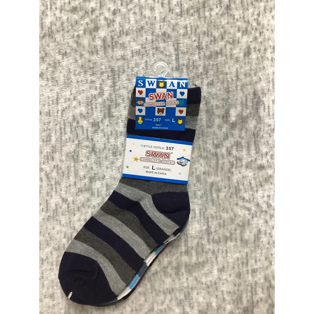 Swan Computer Socks Style 357 Striped Crew Socks Mens Size Large New 3 Pair Pack